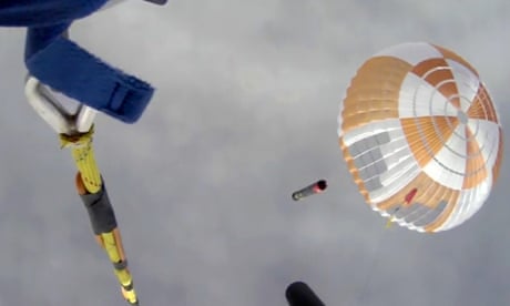 ‘Supersonic ballet’: helicopter briefly catches falling rocket