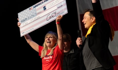 Conspiracy theories and a $1m check: a night at Elon Musk’s surreal election giveaway