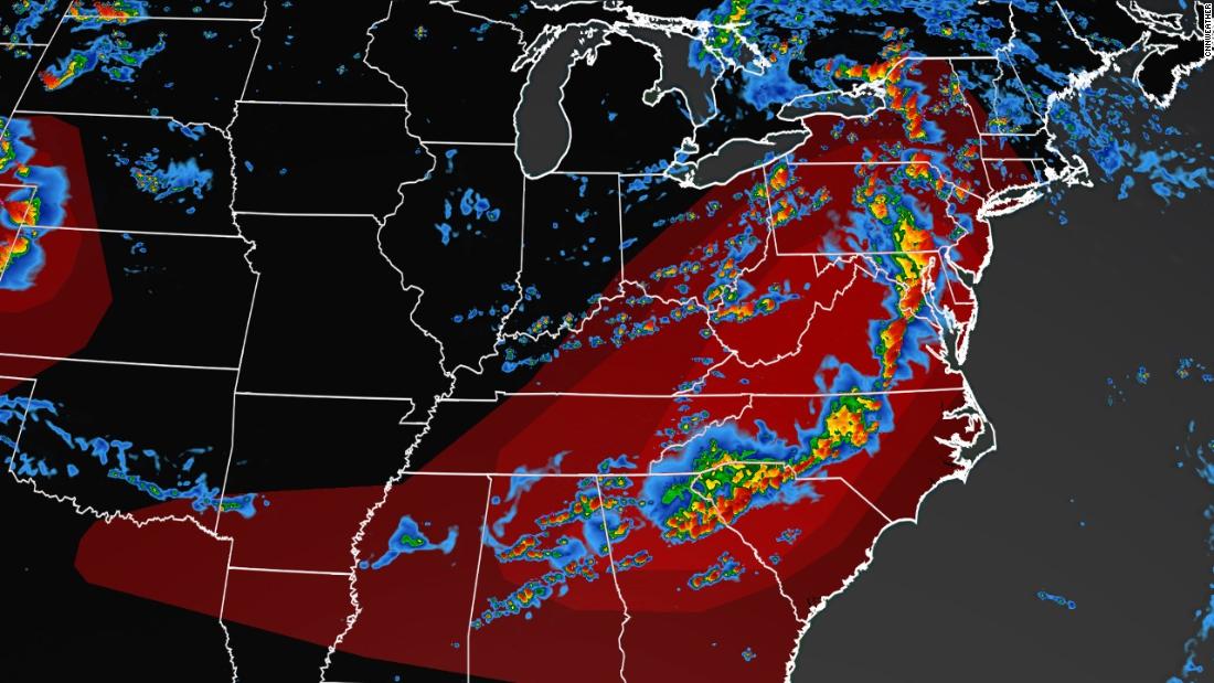 Severe thunderstorm outbreak with hurricane-force wind gusts underway in Eastern US